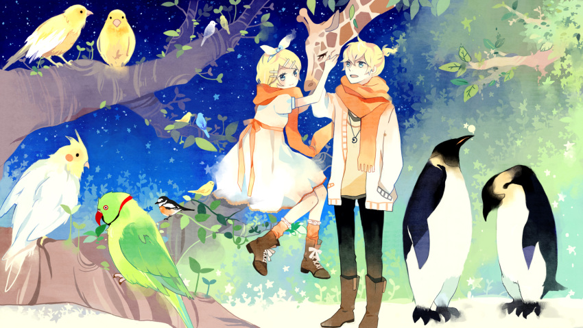 benguinsscarf, bird, blonde_hair, boots, brother_and_sister, giraffe, hair_ornament, hair_ribbon, hairclip, highres, kagamine_len, kagamine_rin, mig_(36th, mig_(36th_underground), necklace, penguin, ribbon, scarf, short_hair, siblings, smile, tree, twins, underground), vocaloid