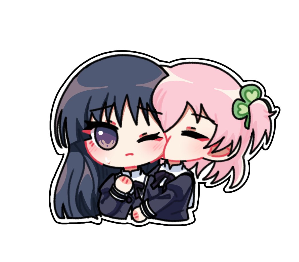 2girls, assault_lily, black_hair, black_ribbon, blush, cheek_pull, cheek_sucking, chibi