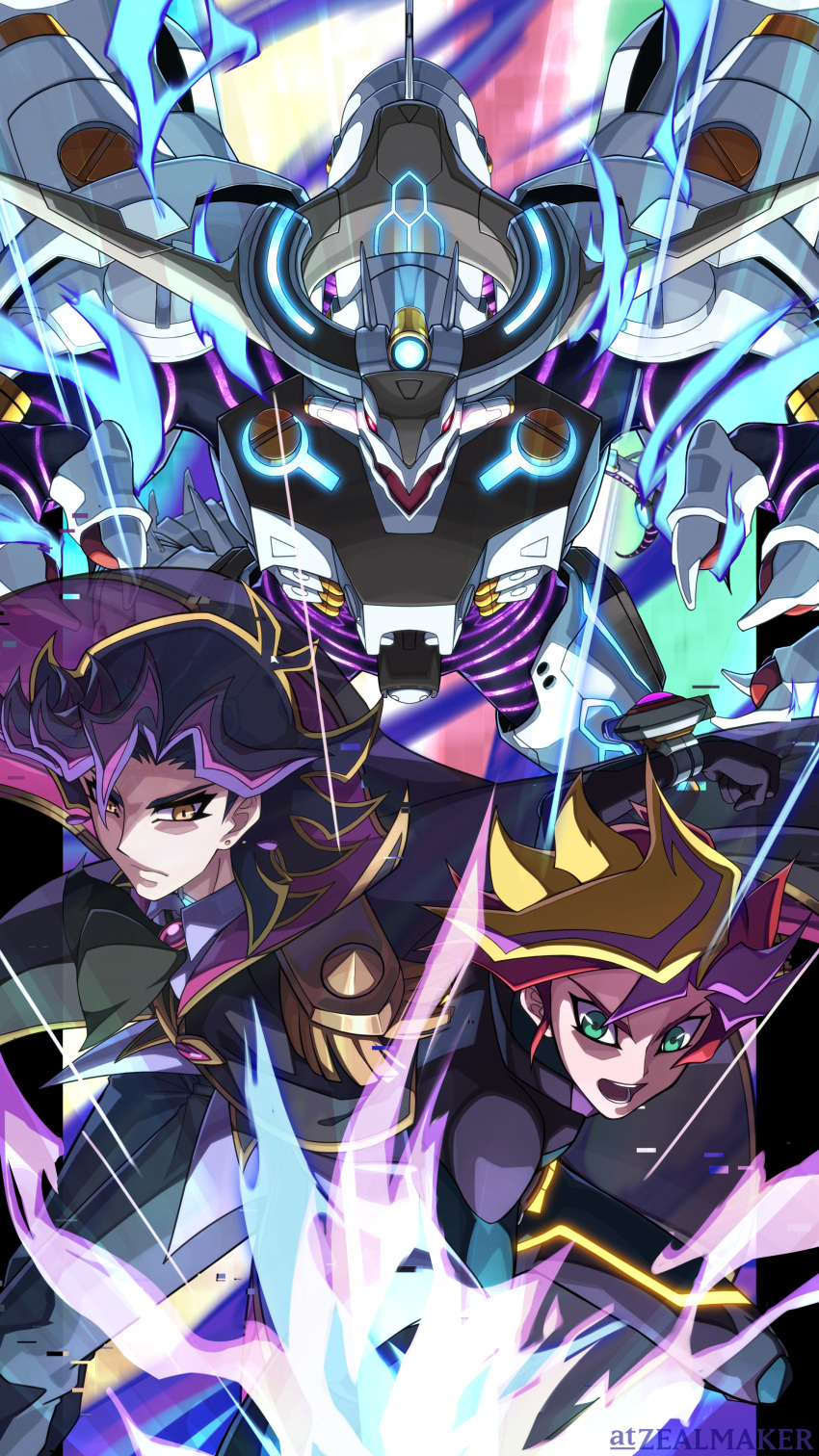 2boys, absurdres, ai_(yu-gi-oh!), black_bodysuit, black_coat, black_hair, blonde_hair, bodysuit