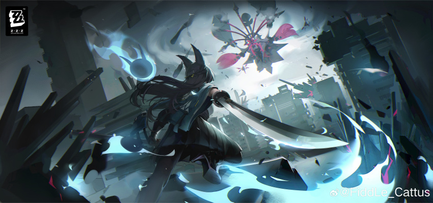 absurdres, animal_ears, artist_name, atmospheric_perspective, battle, black_gloves, black_hair, black_pantyhose