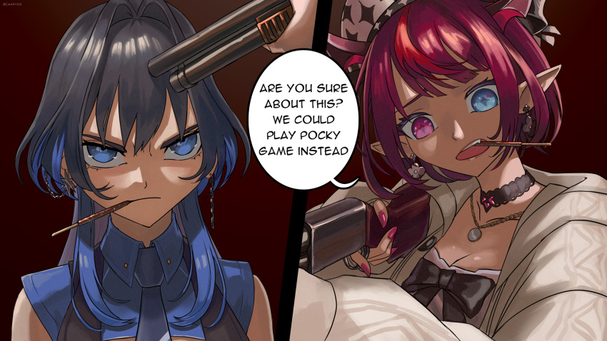 2girls, beret, blue_eyes, blue_hair, blue_necktie, buckshot_roulette, cahryos, ear_piercing