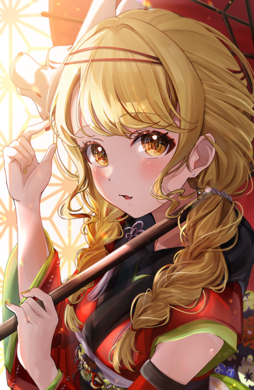 1girl, absurdres, bare_shoulders, blonde_hair, blush, braid, breasts, commentary