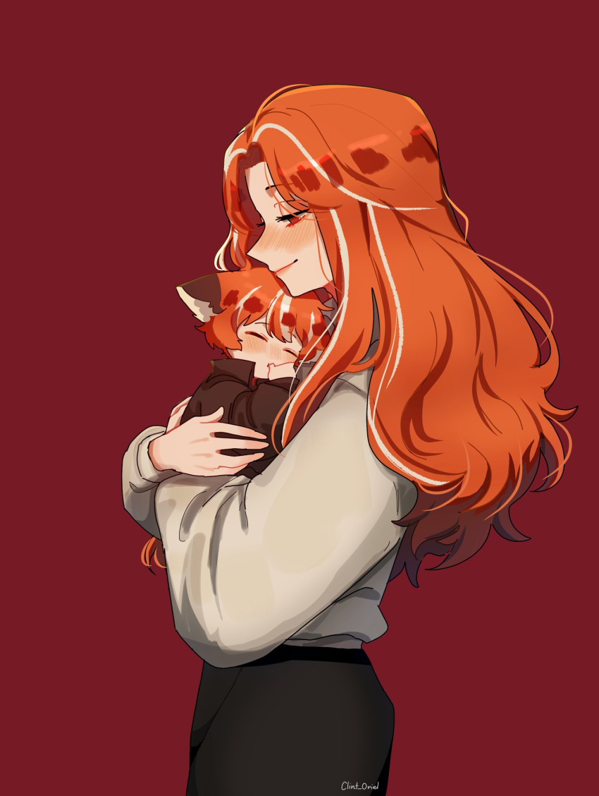 1boy, 1girl, aged_down, animal_ears, black_pants, blush, carrying, carrying_person, child, clint_oriel, commentary, dream_smp, english_commentary, fox_boy, fox_ears, fundy_(youtuber), highres, humanization, long_hair, long_sleeves, minecraft_youtube, mother_and_son, multicolored_hair, orange_hair, orange_theme, pants, personification, profile, red_background, sally_the_salmon, shirt, short_hair, signature, simple_background, smile, streaked_hair, thumb_sucking, toddler, white_hair, white_shirt