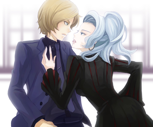 1boy, 1girl, black_shirt, blonde_hair, blue_eyes, blue_jacket, blue_pants, blue_shirt