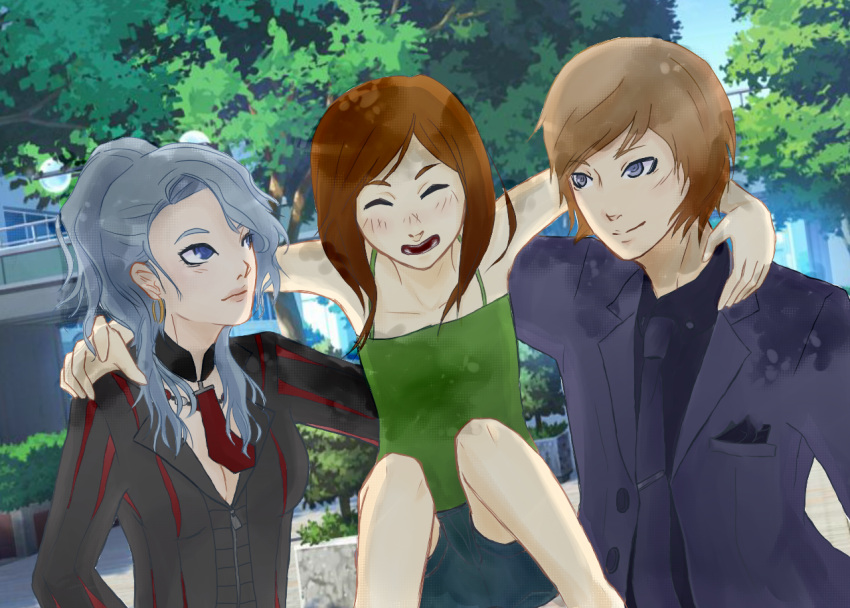 1boy, 2girls, alyssa_breslin, arms_around_neck, black_shirt, blonde_hair, blue_eyes, blue_necktie