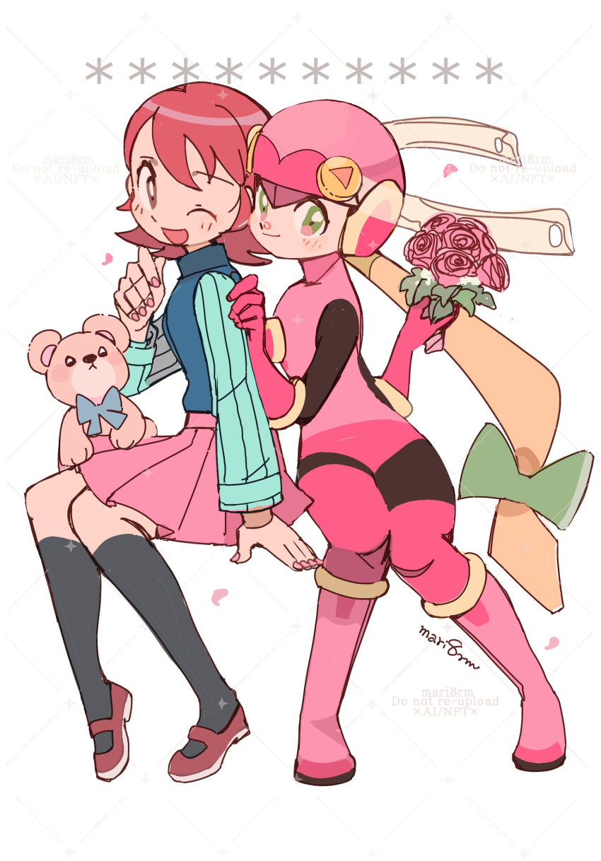 2girls, absurdres, aqua_shirt, black_bodysuit, black_socks, blonde_hair, blue_vest, bodysuit, bouquet, brown_eyes, flower, full_body, green_eyes, helmet, highres, holding, holding_bouquet, invisible_chair, leotard, long_hair, mayl_sakurai_(mega_man), mega_man_(series), mega_man_battle_network_(series), miniskirt, multiple_girls, one_eye_closed, pink_helmet, pink_leotard, pink_skirt, pleated_skirt, red_flower, red_rose, redhead, roll.exe_(mega_man), rose, shirt, short_hair, simple_background, sitting, skirt, socks, stuffed_animal, stuffed_toy, teddy_bear, vest, white_background, yukikokoro
