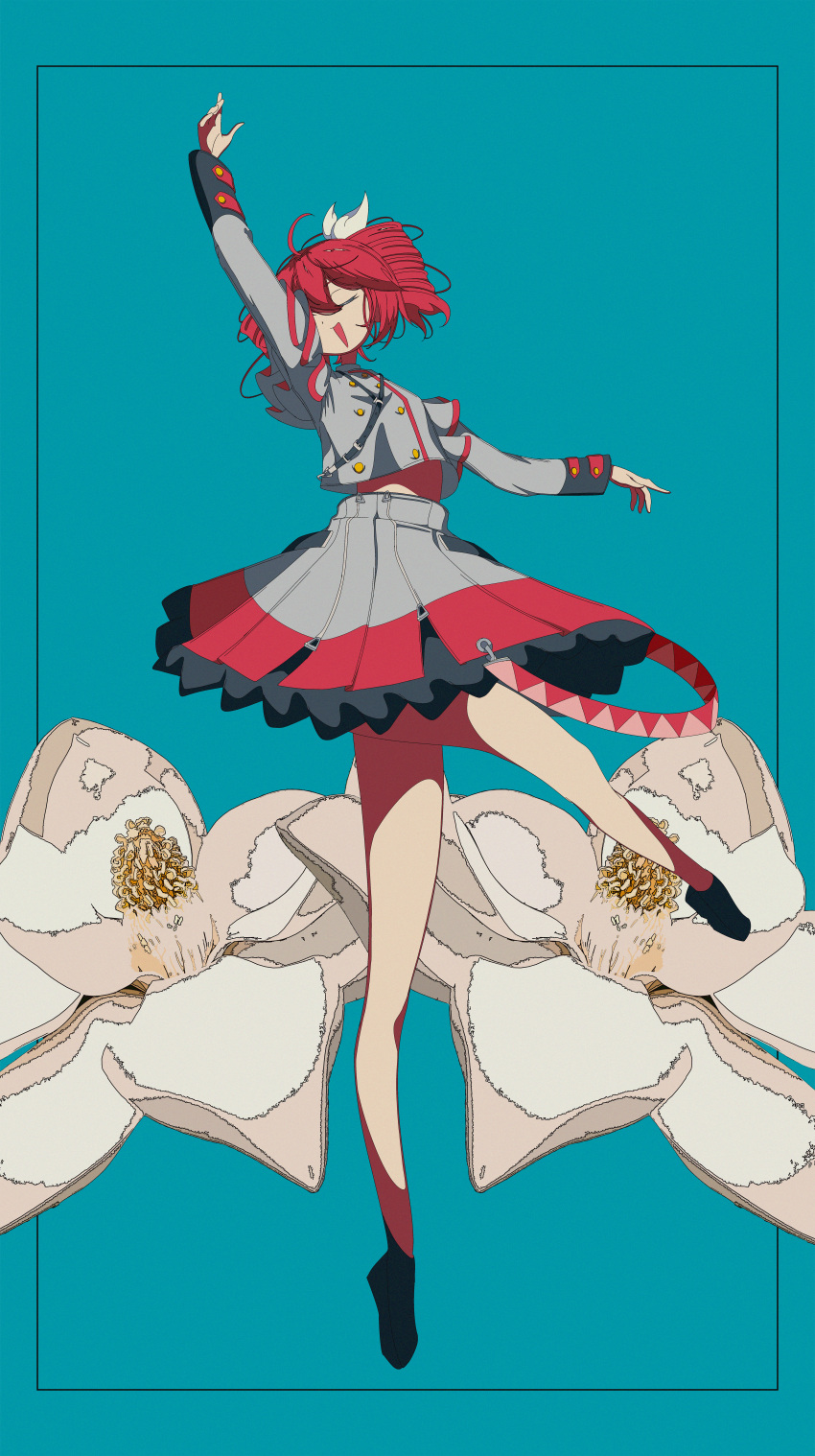1girl, absurdres, aqua_background, arm_up, border, buttons, closed_eyes, commentary