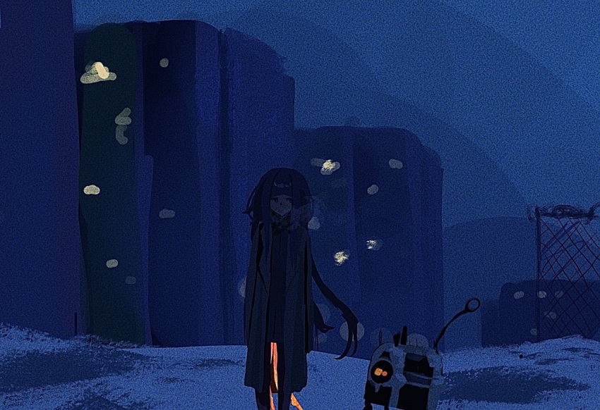 1girl, blue_eyes, breath, building, chain-link_fence, city, coat, dark, dress, fence, film_grain, highres, long_hair, medamayaki27760, night, non-humanoid_robot, open_clothes, open_coat, original, robot, short_dress, snow, standing, winter, winter_clothes