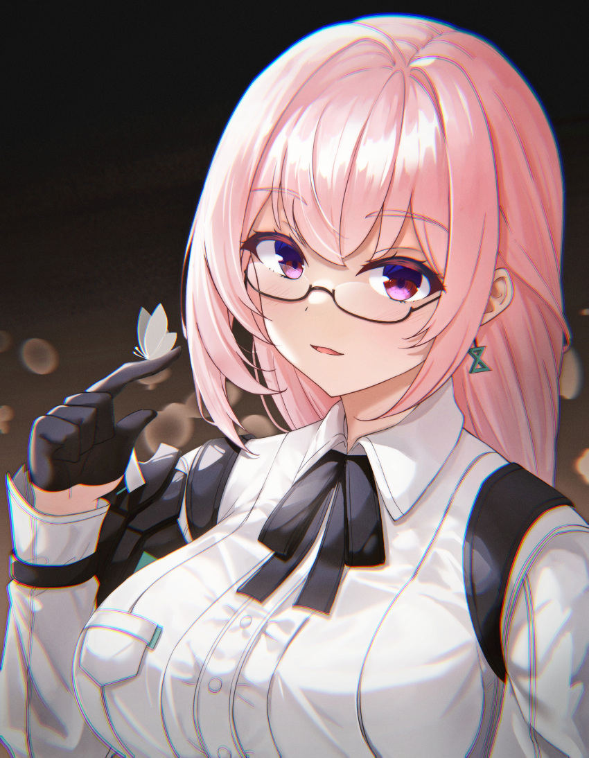 1girl, absurdres, animal, animal_on_finger, black-framed_eyewear, black_gloves, black_ribbon, breasts, bug, butterfly, collared_shirt, commentary, dress_shirt, earrings, glasses, gloves, hair_between_eyes, half_gloves, hand_up, highres, jewelry, large_breasts, long_hair, long_sleeves, looking_at_viewer, neck_ribbon, pink_hair, ribbon, semi-rimless_eyewear, shirt, solo, tsukishiro_yanagi, under-rim_eyewear, upper_body, violet_eyes, white_shirt, zenless_zone_zero, zhai_mu_q