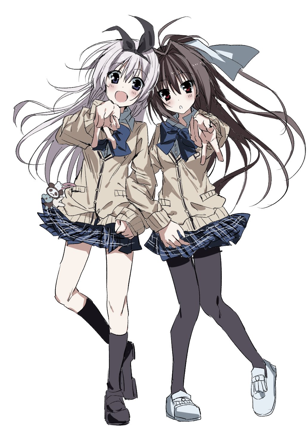 2girls, ;d, black_footwear, black_hairband, black_pantyhose, black_socks, blue_bow, blue_bowtie