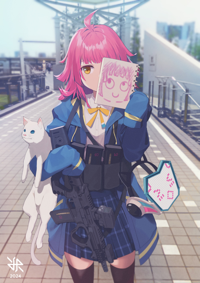 ammunition_pouch, black_thighhighs, cat, gun, hanpen_(love_live!), highres, hiroki_ree, hood