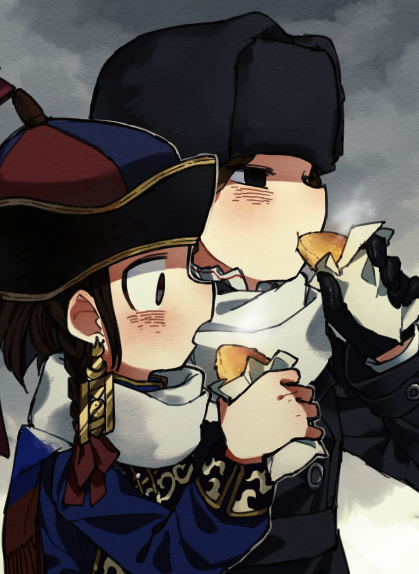 2girls, braid, brown_hair, deel, eating, mongolia_(nanimonothing), mongolian_clothes, multiple_girls
