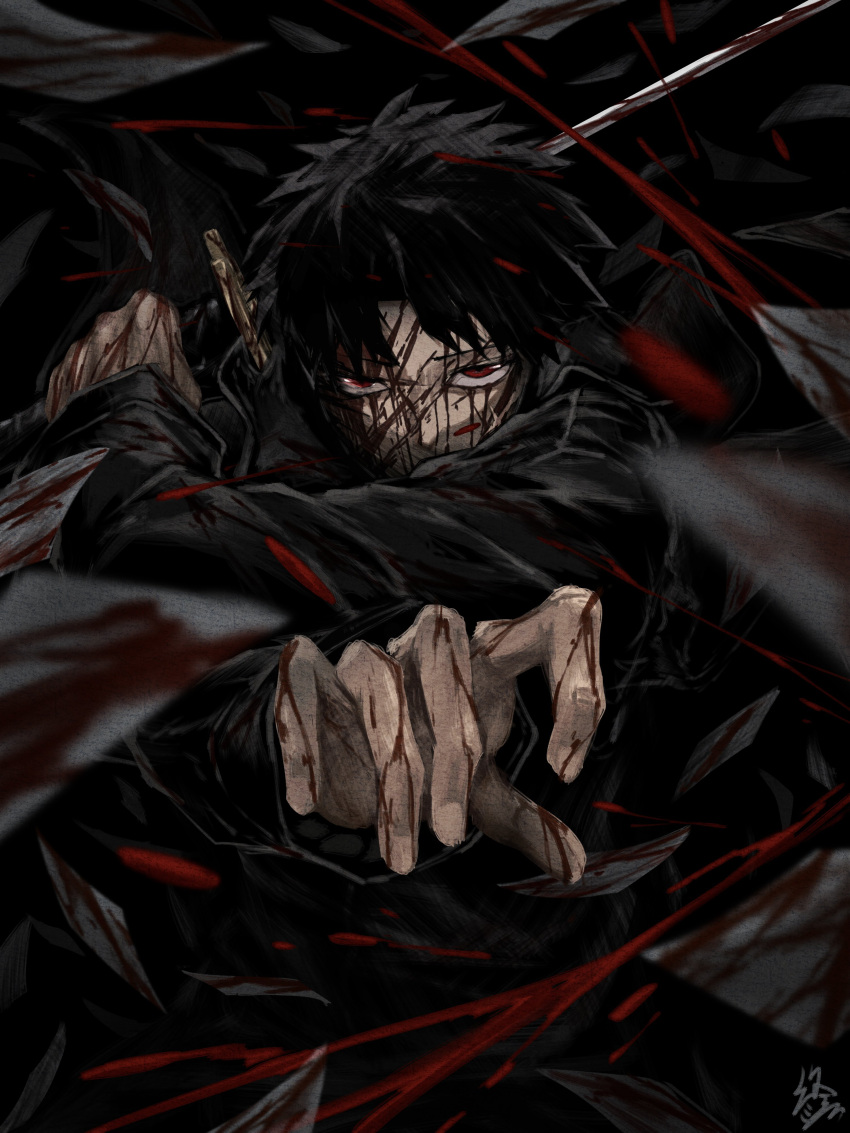 1boy, absurdres, black_coat, black_hair, blood, blood_on_clothes, blood_on_face, blood_on_hands