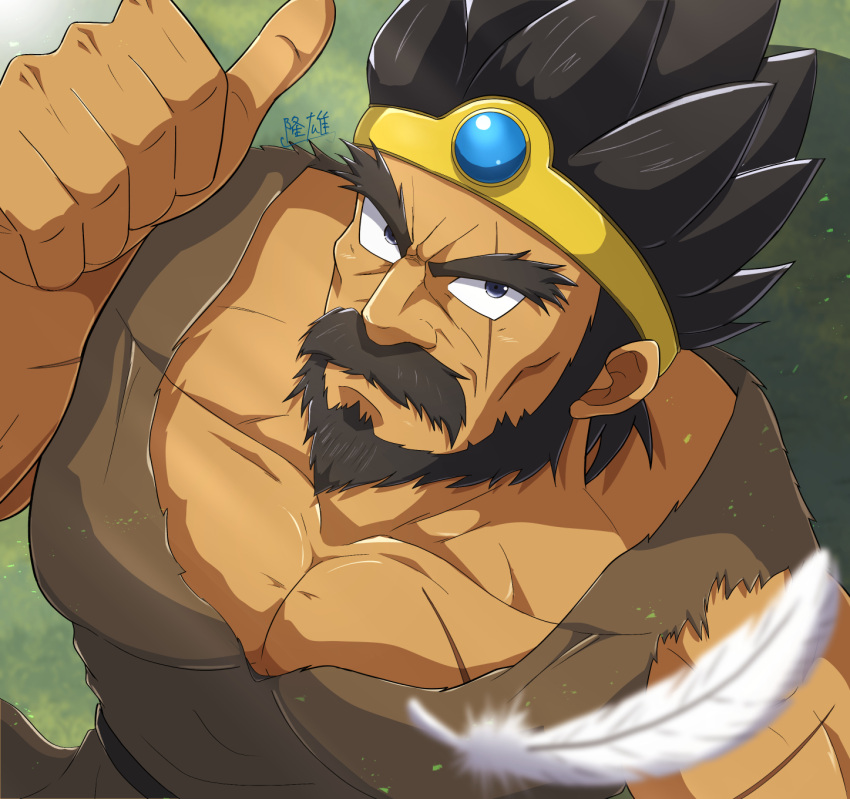 1boy, beard, black_hair, blurry, brown_tunic, cheekbones, commentary_request, dark-skinned_male