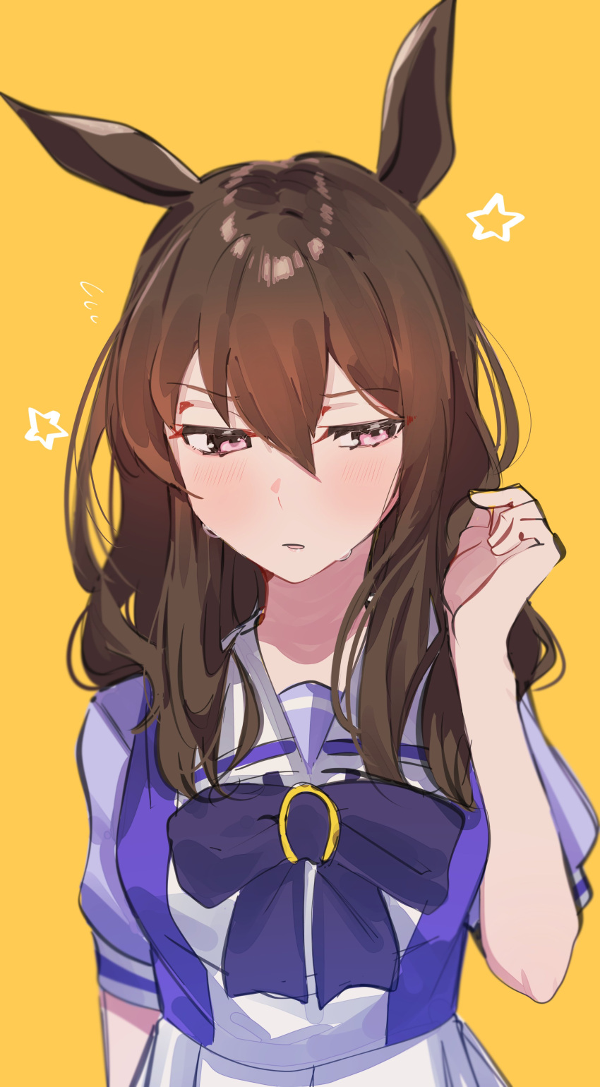 1girl, absurdres, adjusting_hair, admire_vega_(umamusume), animal_ears, arlcn_(arlcn_1115), bow, bowtie