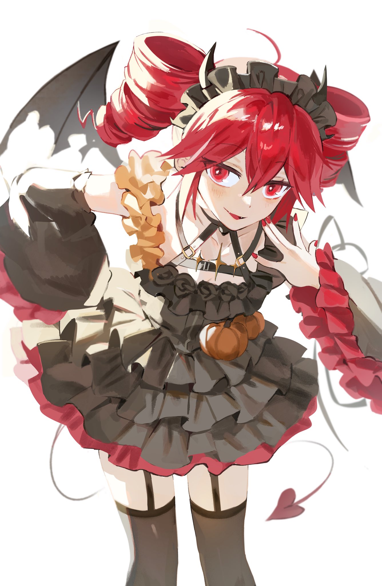 1girl, ahoge, black_dress, black_hairband, black_horns, black_sleeves, black_thighhighs, cowboy_shot