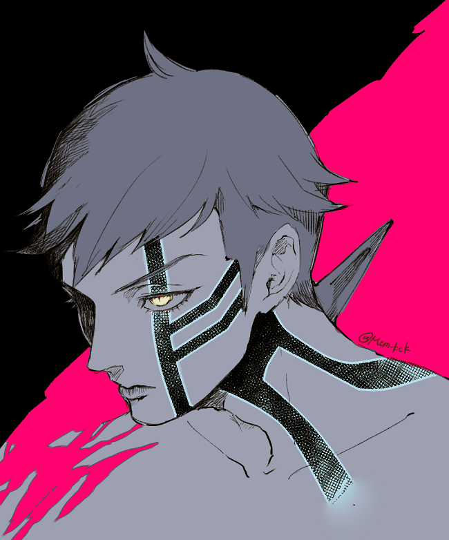 1boy, artist_name, body_markings, collarbone, demi-fiend, expressionless, glowing, glowing_eyes