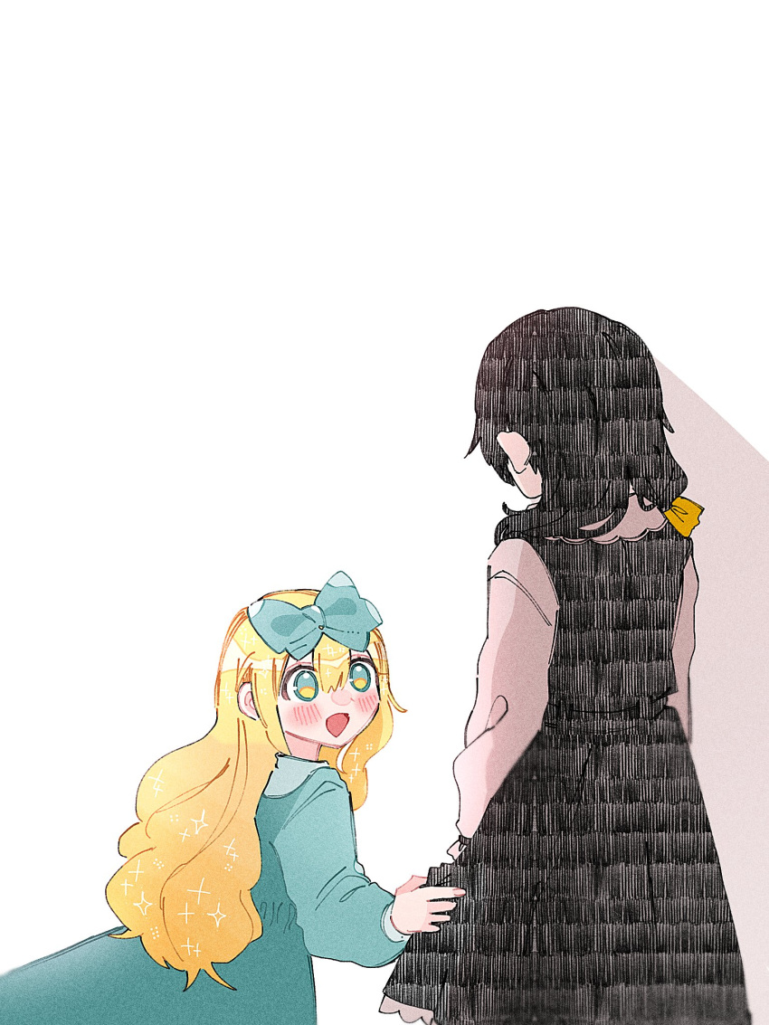 2girls, aqua_bow, aqua_dress, aqua_eyes, black_dress, black_hair, blonde_hair, blush, bow, dress, hair_bow, hatching_(texture), highres, iyowa_girls, long_hair, long_sleeves, looking_at_another, multiple_girls, open_mouth, pajamy_(character)_(iyowa), riko_(iyowa), ronroro, shadow, shirt, simple_background, skirt, skirt_tug, white_background, white_shirt