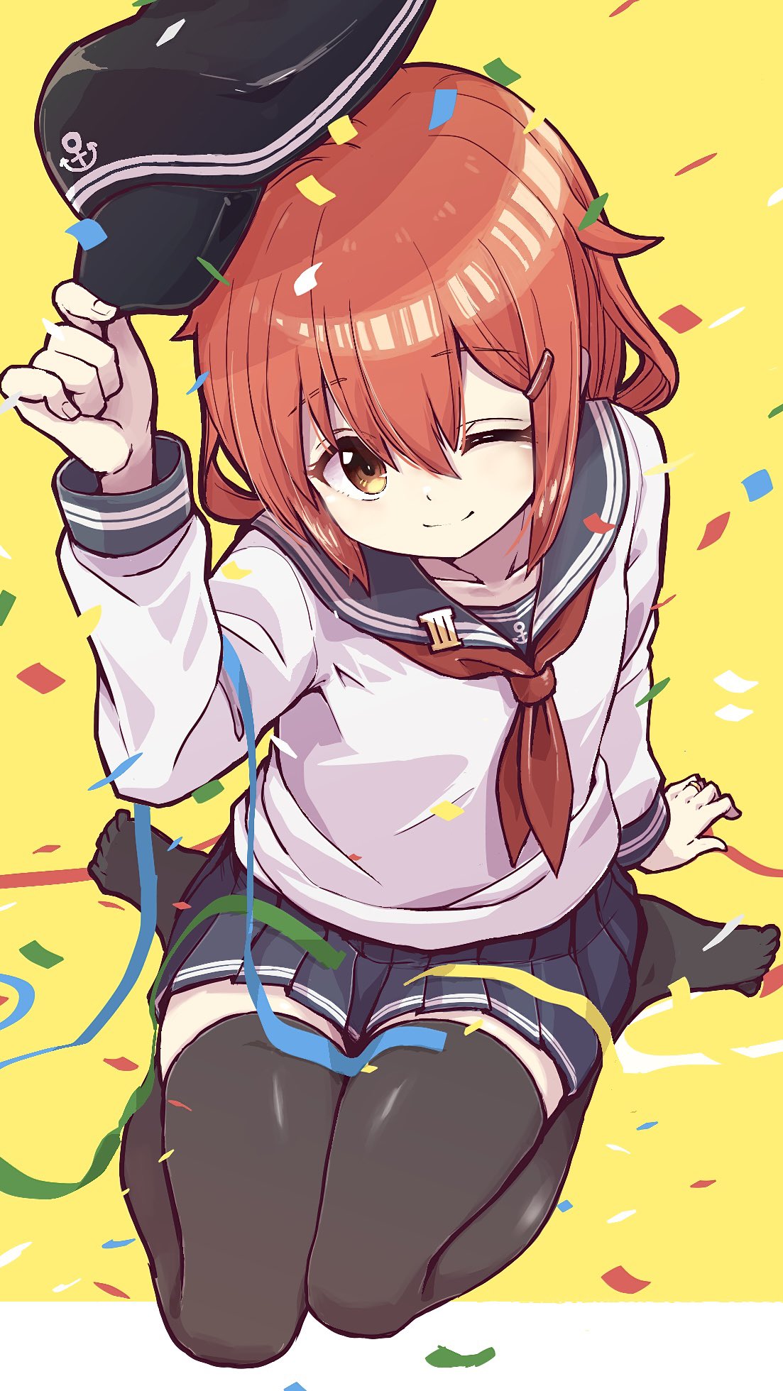 1girl, ;d, alternate_hair_color, anchor_symbol, arm_support, black_thighhighs, blue_skirt, brown_eyes