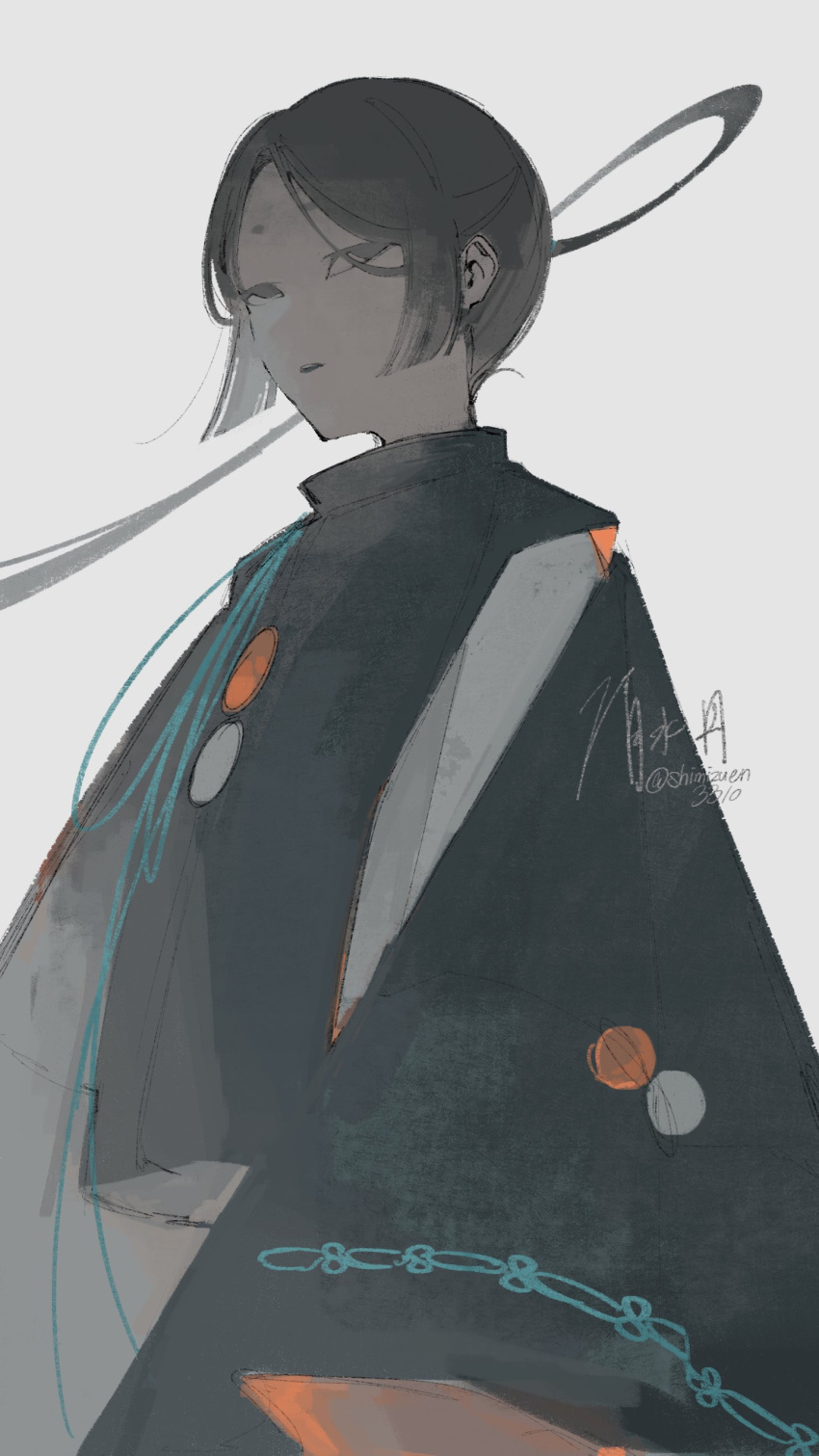 1boy, absurdres, black_hair, black_robe, floating_hair, grey_background, highres, japanese_clothes
