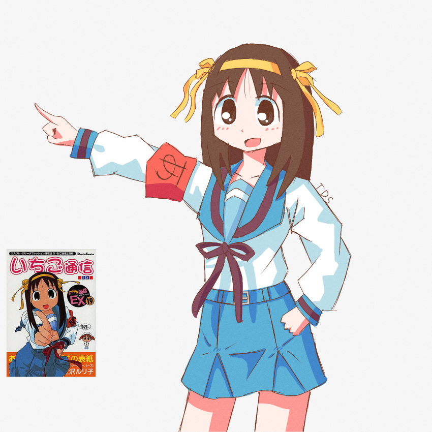 armband, artist_name, azumanga_daioh, blue_sailor_collar, blue_skirt, brown_eyes, brown_hair, collarbone