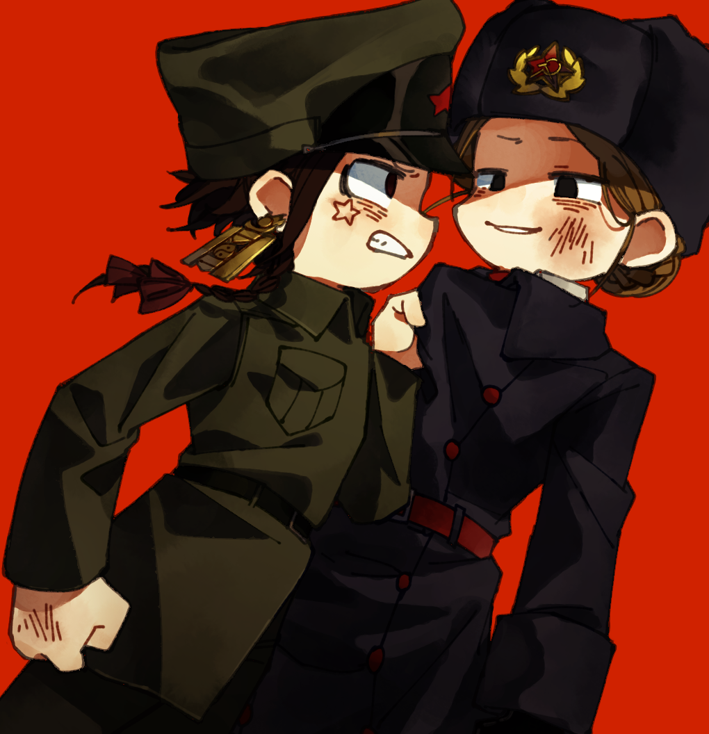 2girls, angry, belt, bruise, bruise_on_face, coat, fur_hat, hat