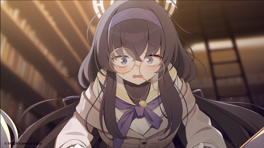 1girl, absurdres, black_hair, blue_archive, blue_eyes, blue_hairband, blue_neckerchief, blush