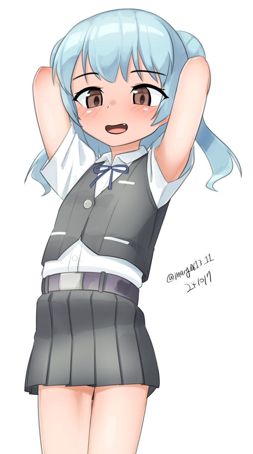 1girl, absurdres, arms_behind_head, blue_hair, brown_eyes, collared_shirt, cosplay, dated