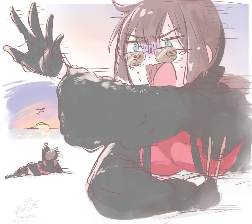 1girl, black_gloves, black_jacket, blue_eyes, broken_chopsticks, brown_eyes, dilated_pupils, fur_jacket