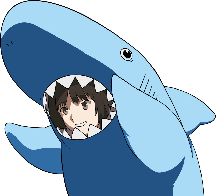 amagami, animal_costume, brown_eyes, brown_hair, chanceandluck, gao, highres, shark, shark_suit, tachibana_miya, transparent_background, vector_trace