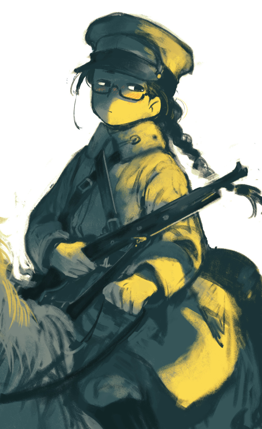 1boy, axis_powers_hetalia, braid, green_theme, highres, horse, horseback_riding, long_hair, military_uniform, mongolia_(hetalia), nanimonothing, riding, single_braid, solo, white_background