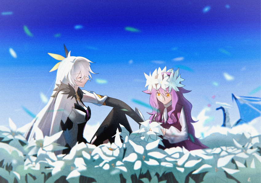 2girls, absurdres, bare_shoulders, black_fur, blue_sky, closed_eyes, closed_mouth, dual_persona