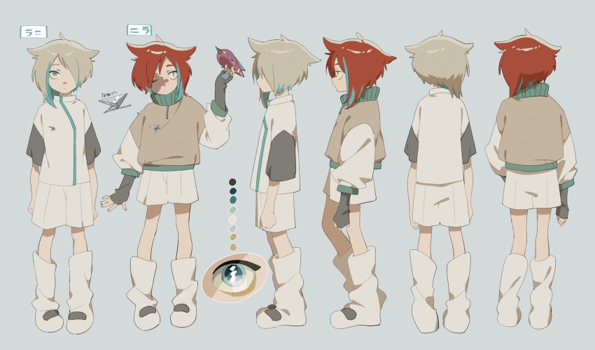 6+girls, anime_coloring, anklet, aqua_background, arms_at_sides, black_outline, boots, brown_sleeves