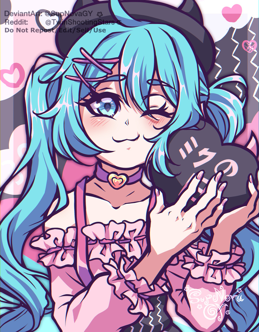1girl, ;3, absurdres, aqua_eyes, aqua_hair, artist_name, beret, black_hat