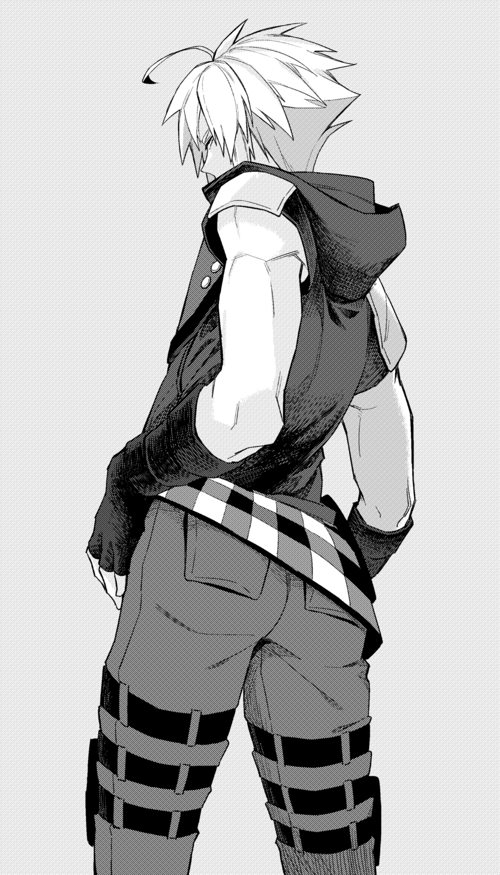1boy, bare_shoulders, belt, commentary_request, fingerless_gloves, from_behind, gloves, grey_background, greyscale, hands_on_own_hips, highres, hood, hood_down, hoodie, kingdom_hearts, kingdom_hearts_iii, leg_belt, male_focus, matsu_zatsu, monochrome, multiple_belts, pants, plaid_clothes, riku_(kingdom_hearts), short_hair, simple_background, sleeveless, solo