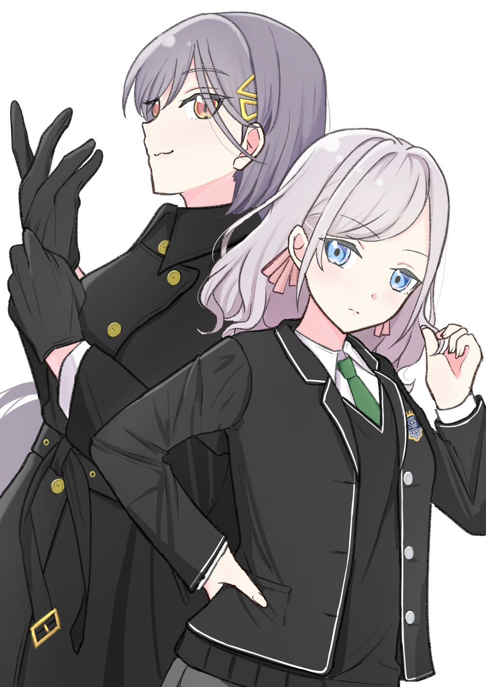2girls, :3, adjusting_clothes, adjusting_gloves, belt, black_coat, black_gloves, black_jacket