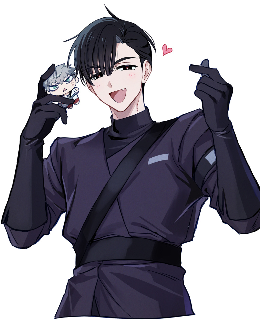 1boy, absurdres, alien_stage, anger_vein, black_coat, black_eyes, black_gloves, black_hair, black_shirt, character_doll, coat, commentary, cropped_torso, doll, elbow_gloves, finger_heart, gloves, hands_up, heart, highres, holding, holding_doll, ivan_(alien_stage), looking_at_viewer, male_focus, namunamu629, open_mouth, red_pupils, shirt, short_hair, simple_background, smile, solo, till_(alien_stage), turtleneck, turtleneck_shirt, very_short_hair, white_background