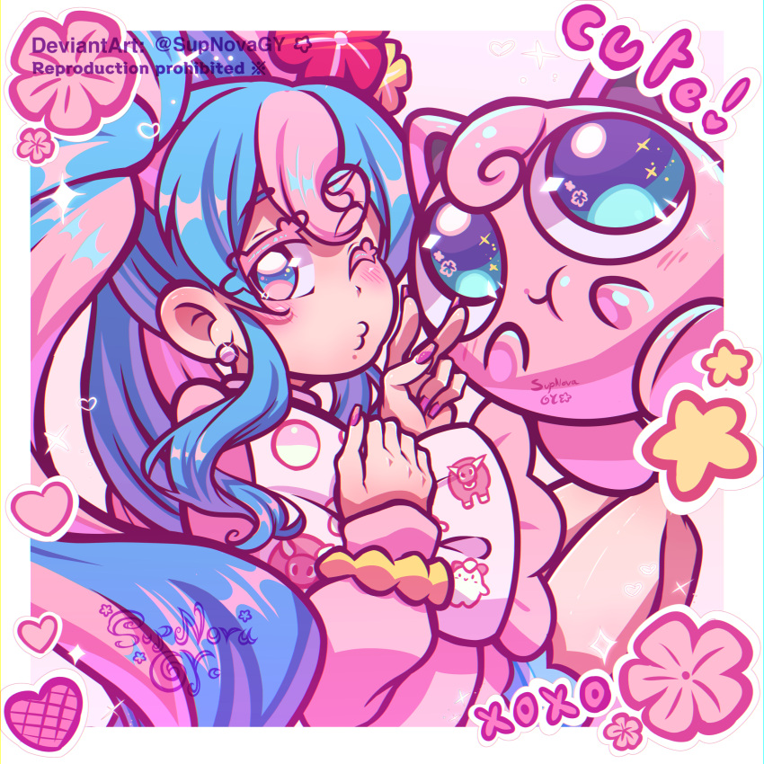 1girl, absurdres, artist_name, blue_eyes, blue_hair, bull_sprite_(pokemon), clefairy_sprite_(pokemon), colored_eyelashes, commentary, deviantart_username, earrings, english_commentary, english_text, fairy_miku_(project_voltage), flower, hair_flower, hair_ornament, hatsune_miku, heart, highres, holding, holding_pillow, jewelry, jigglypuff, mixed-language_commentary, one_eye_closed, pillow, pink_nails, pokemon, pokemon_(creature), project_voltage, red_flower, rosie_(supnovagy), scrunchie, sidelocks, solo, sparkle, star_(symbol), star_symbol_background, twintails, vocaloid, wrist_scrunchie, yellow_flower, yellow_scrunchie