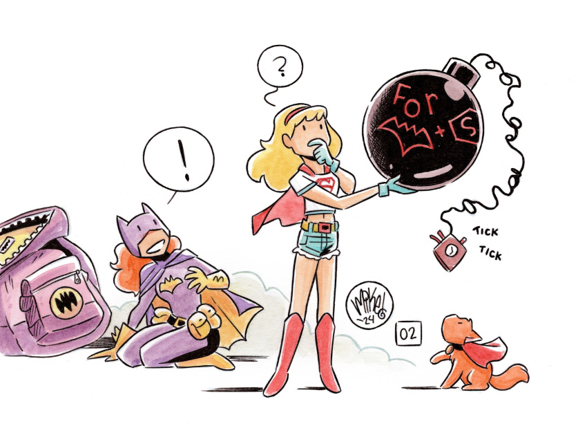 !, 2girls, ?, artist_name, barbara_gordon, batgirl, batman_symbol, blonde_hair, blue_gloves, bomb, cape, cat, commentary, dated, dc_comics, english_commentary, explosive, gloves, hairband, highres, long_hair, mask, mikemaihack, multiple_girls, navel, orange_cat, orange_hair, red_cape, red_footwear, red_hairband, shirt, simple_background, speech_bubble, spoken_exclamation_mark, spoken_question_mark, standing, streaky_the_supercat, supergirl, superhero_costume, superman_logo, white_background, white_shirt, yellow_footwear, yellow_gloves