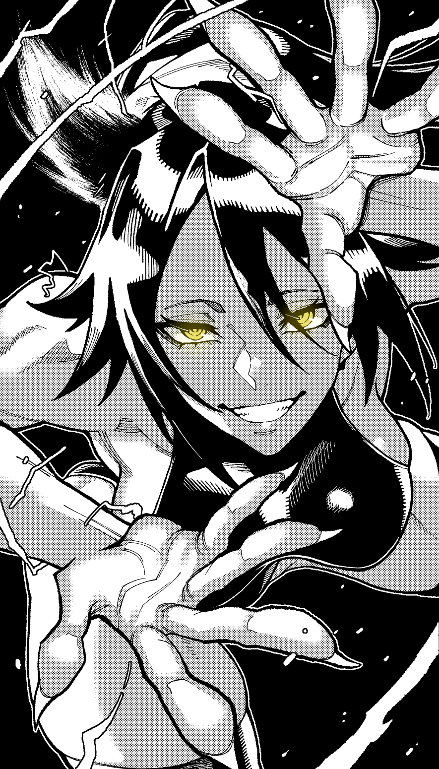 1girl, bleach, bleach:_sennen_kessen-hen, bodysuit, breasts, dark-skinned_female, dark_skin, fingernails, highres, large_breasts, long_fingernails, long_hair, monochrome, ponytail, shihouin_yoruichi, sideboob, smile, thigh-highs, thighs, websake, yellow_eyes