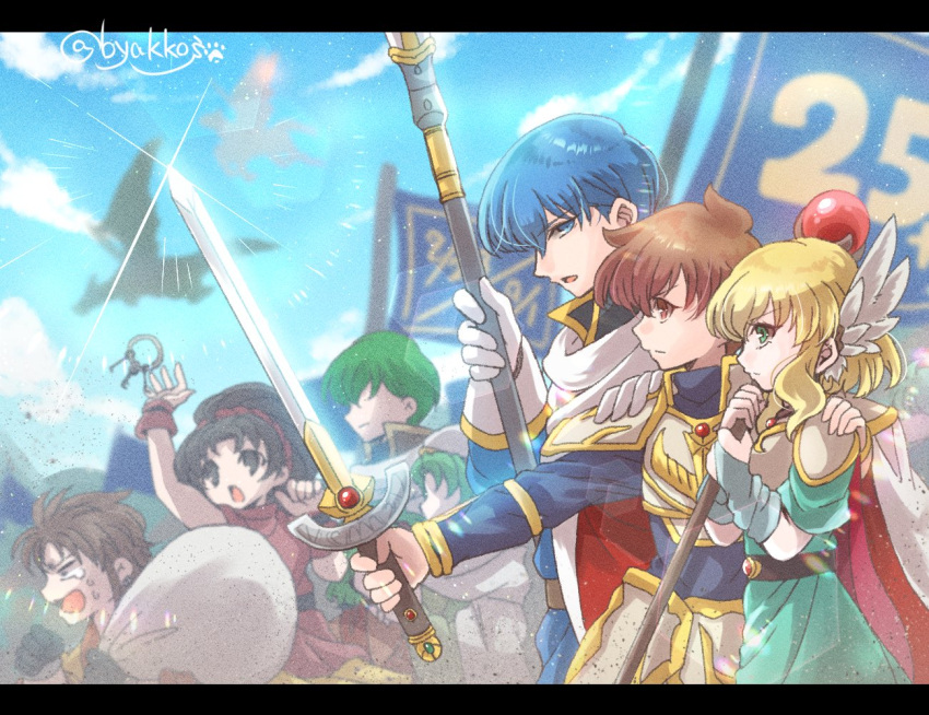 anniversary, armor, artist_name, blonde_hair, blue_sky, blurry, blurry_background, breastplate
