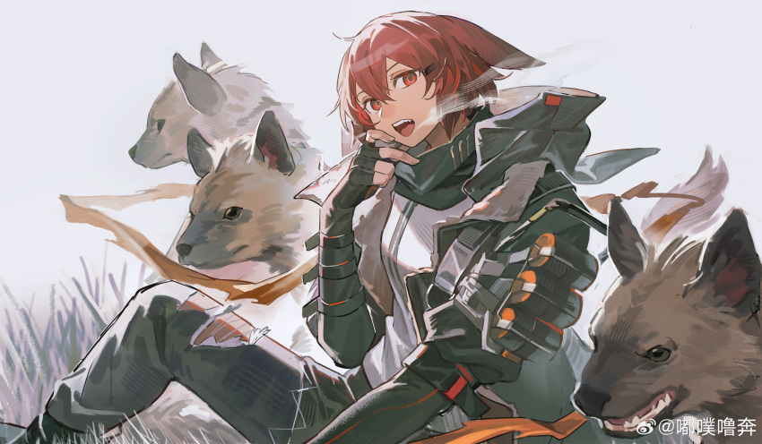 1girl, absurdres, arknights, black_gloves, black_jacket, black_pants, crownslayer_(arknights), dopperu_ben