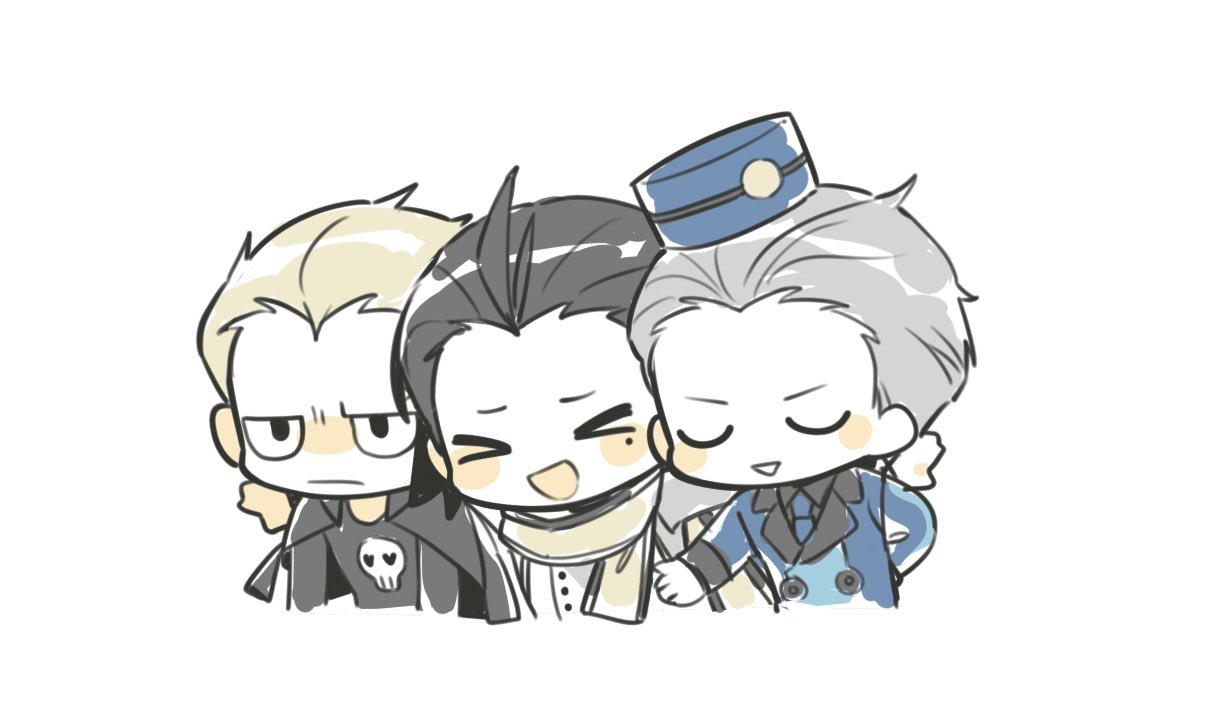 >_<, 3boys, :|, arm_around_shoulder, bellhop_uniform, black_hair, black_shirt, blonde_hair