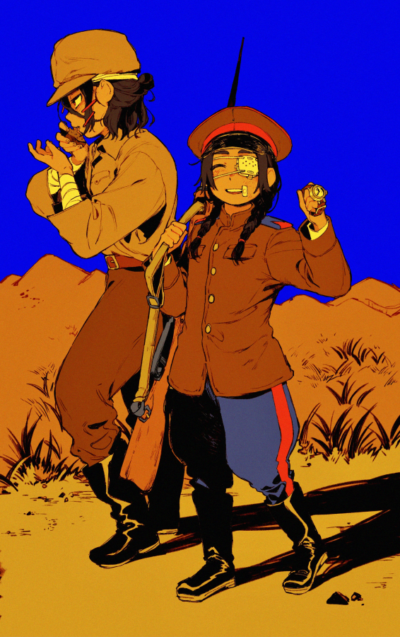 2girls, bandaid, bandaid_on_face, belt, black_hair, blue_sky, boots, braid, eyepatch, flat_chest, full_body, gun, hair_bun, imperial_japanese_army, japan_(nanimonothing), long_hair, military_uniform, mongolia_(nanimonothing), multiple_girls, nanimonothing, original, outdoors, personification, puffy_pants, rifle, second_sino-japanese_war, sky, twin_braids, watch, watch, weapon, world_war_ii
