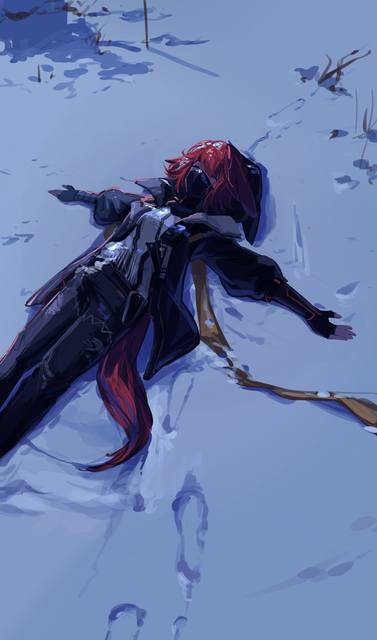 1girl, animal_ear_hood, arknights, black_gloves, black_jacket, black_mask, black_pants, closed_eyes