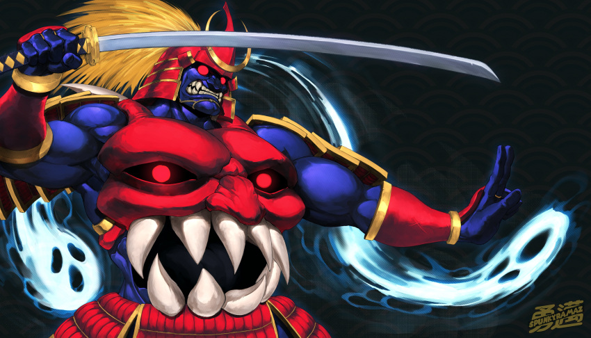 1boy, absurdres, armor, bishamon_(darkstalkers), blue_skin, clenched_teeth, colored_skin, dark_background