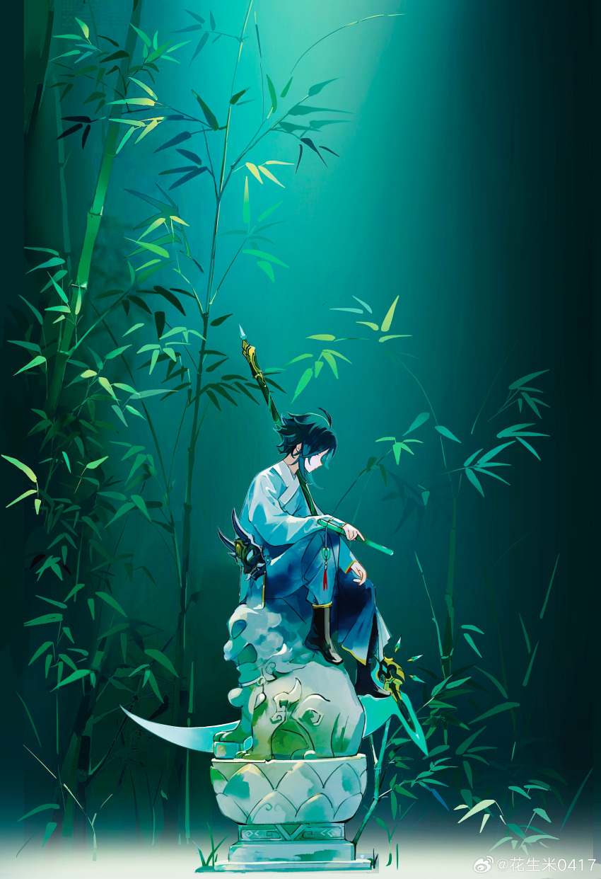 1boy, absurdres, ahoge, alternate_costume, bamboo, black_footwear, blue_hanfu, chinese_clothes