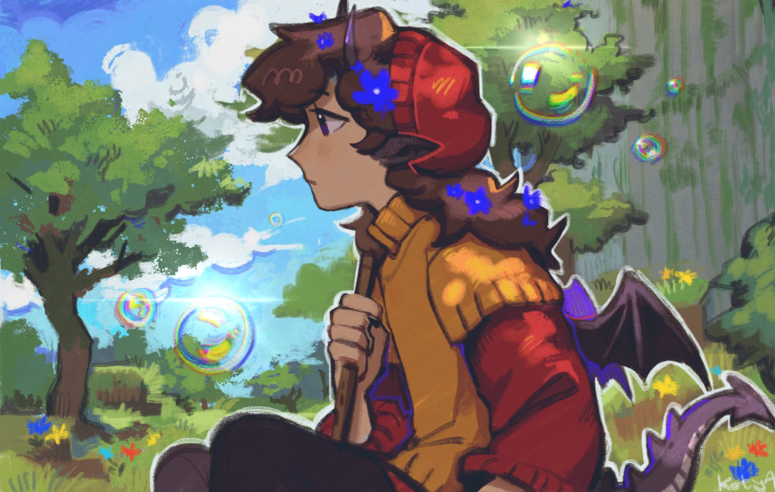 1girl, beanie, brown_hair, bubble, child, clouds, dark-skinned_female, dark_skin, dragon_ears, dragon_girl, dragon_horns, dragon_tail, dragon_wings, flower, from_side, grass, hashtag-only_commentary, hat, highres, horns, kotya_(kotyaaaaaaaaaal), long_hair, minecraft_youtube, outdoors, personification, profile, quackity_smp, red_hat, sitting, sky, solo, sweater, tail, tallulah_(old_design)_(quackity_smp), tallulah_(quackity_smp), tree, wings, yellow_sweater