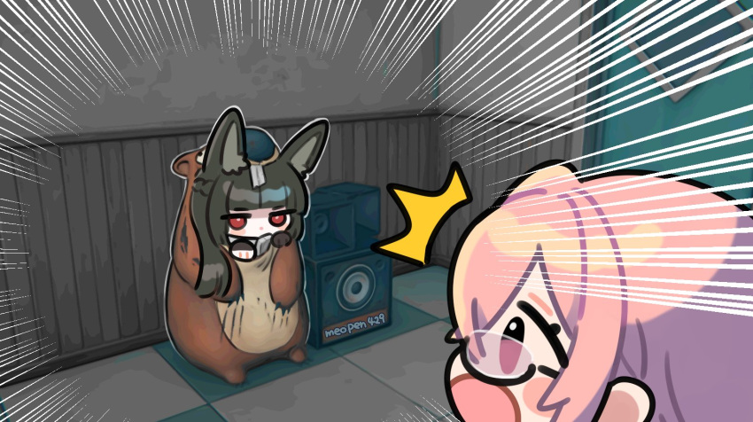 2girls, animal_ear_fluff, animal_ears, blunt_bangs, blush, chibi, door, english_commentary