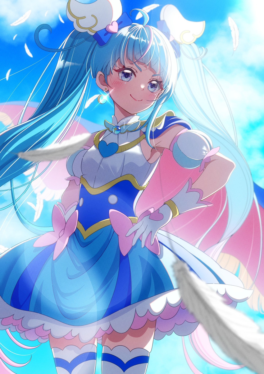 1girl, ahoge, blue_bow, blue_cape, blue_dress, blue_eyes, bow, brooch, cape, cure_sky, detached_sleeves, dress, earrings, gloves, gradient_hair, hair_bow, hair_ornament, hand_on_own_hip, heart, highres, hirogaru_sky!_precure, jewelry, long_hair, magical_girl, multicolored_hair, mymo0527, pink_bow, pink_cape, pink_hair, precure, puffy_detached_sleeves, puffy_sleeves, single_earring, sky, smile, solo, sora_harewataru, striped_clothes, striped_dress, thigh-highs, two-sided_cape, two-sided_fabric, vertical-striped_clothes, vertical-striped_dress, very_long_hair, white_gloves, white_thighhighs, wing_brooch